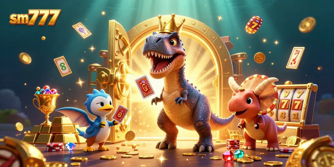 Engage with the vibrant world of sm 777 where a T-Rex shuffles cards amidst golden treasures.