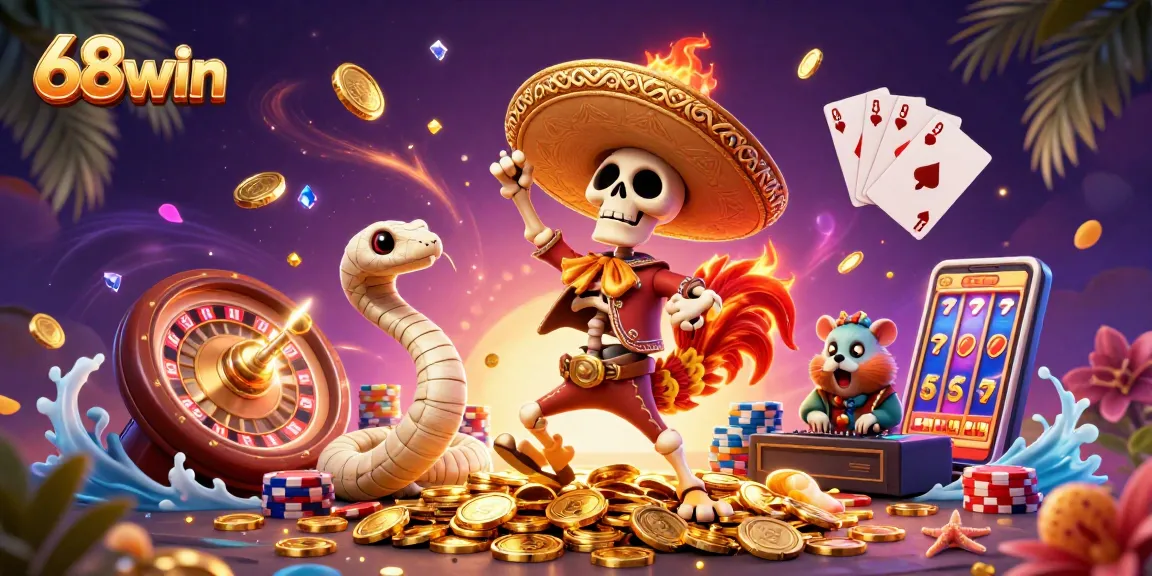 Experience winning moments at 68win with vibrant casino characters enjoying golden rewards in a colorful scene.