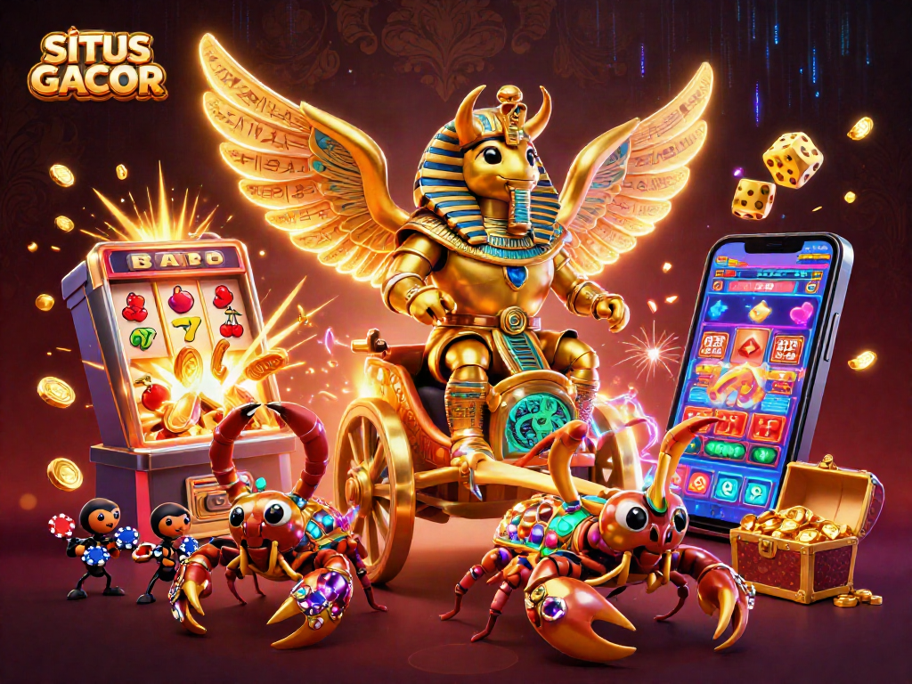 SITUS GACOR showcases a vibrant casino adventure featuring a colossal golden scarab beetle amidst exciting game elements.