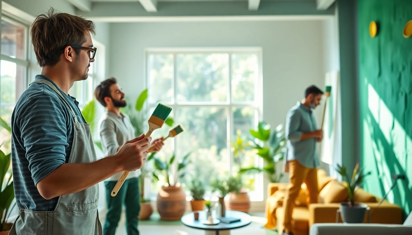 Eco friendly painters transforming a living room with sustainable techniques and vibrant colors.