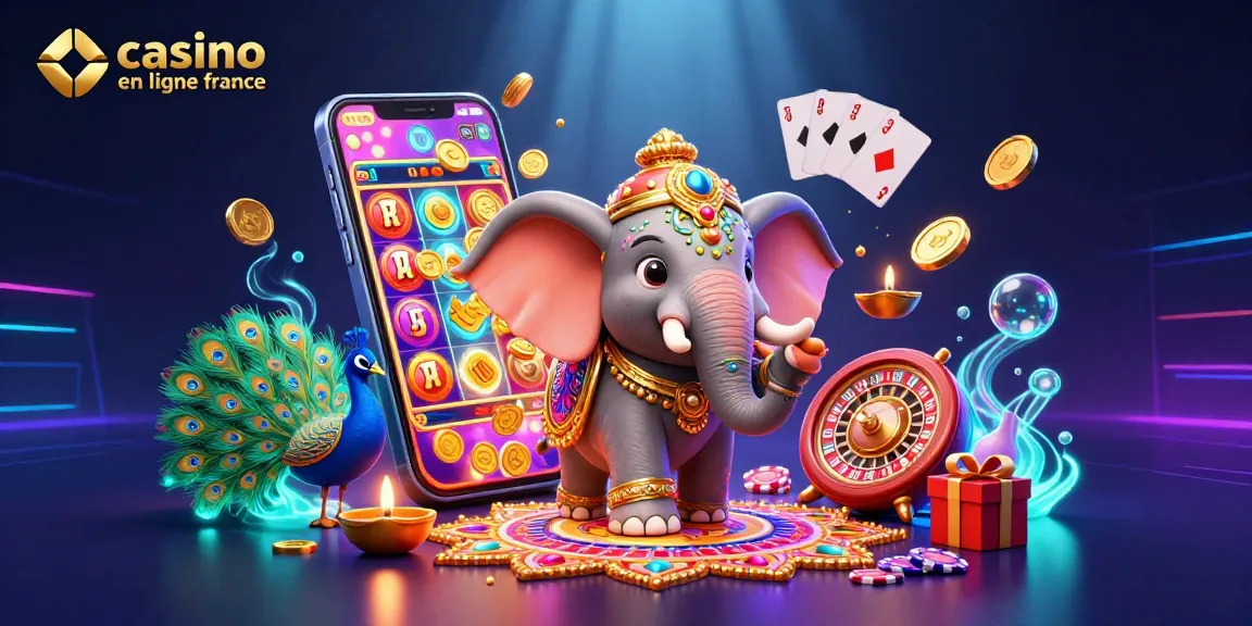 Explorez le monde des jeux avec casino en ligne france, une scène festive et dynamique remplie d'éléments colorés.