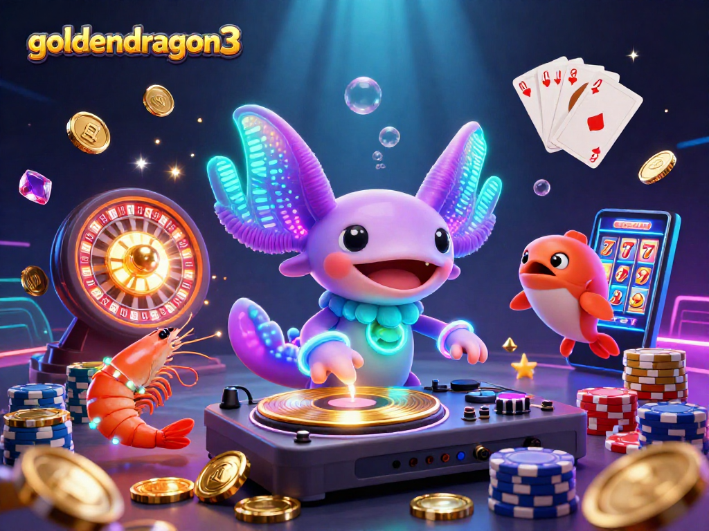 Experience goldendragon3 with vibrant casino-themed action, featuring an axolotl DJ and dynamic gaming elements.