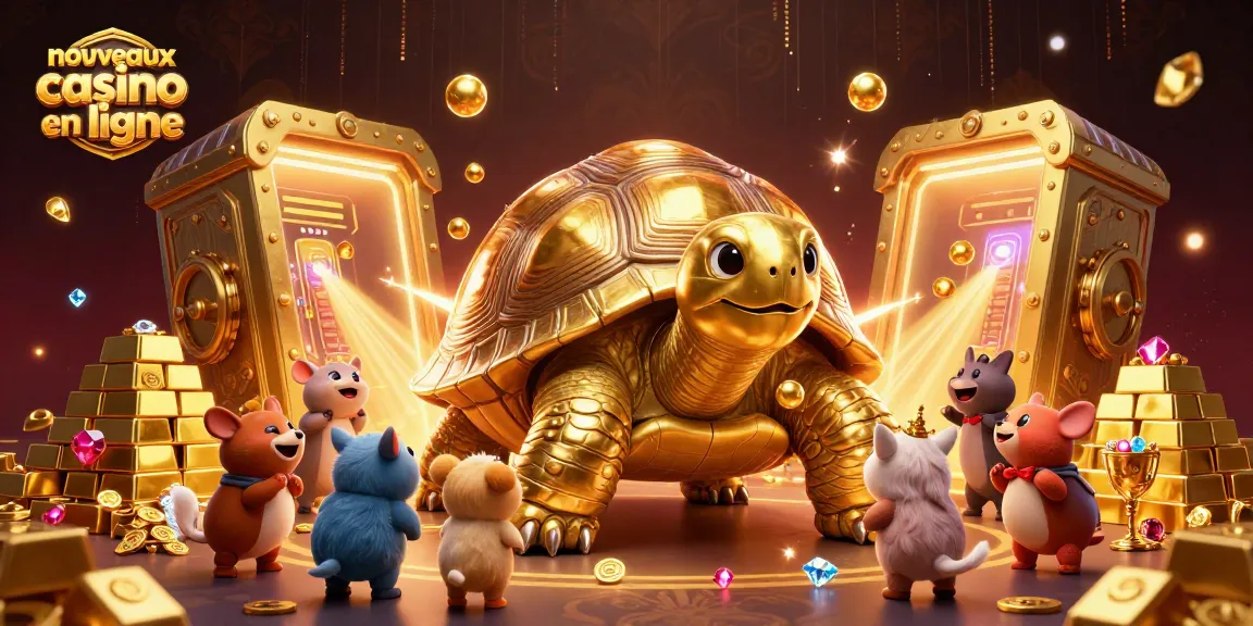 Vivez l'excitation des nouveaux casinos en ligne avec une illustration de tortue dorée et des trésors scintillants.