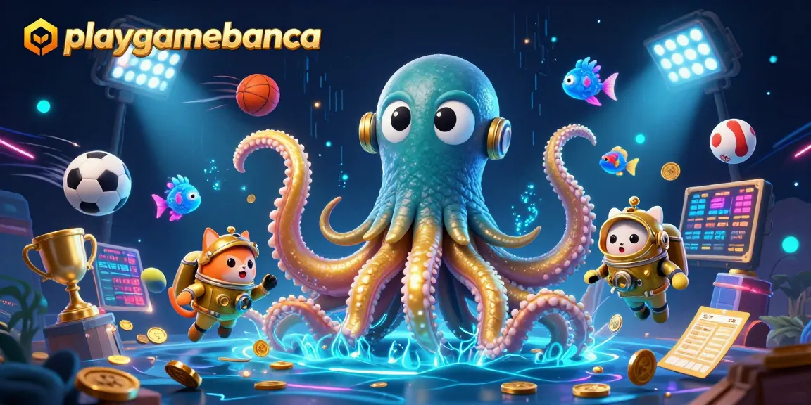 playgamebanca showcases a kraken, diving cat, and sports elements in a vibrant casino scene