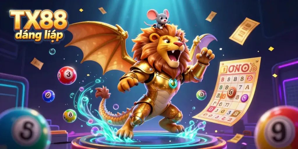 Engaging 3D illustration of TX88 đăng nhập, featuring a chimera creature and colorful gambling elements.