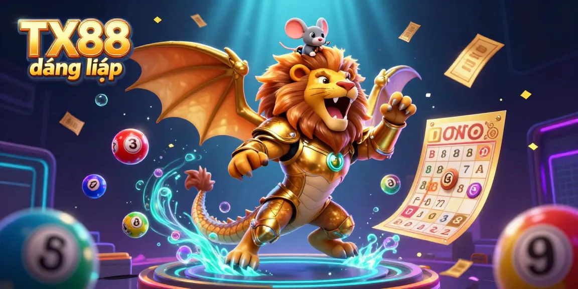 Engaging 3D illustration of TX88 đăng nhập, featuring a chimera creature and colorful gambling elements.