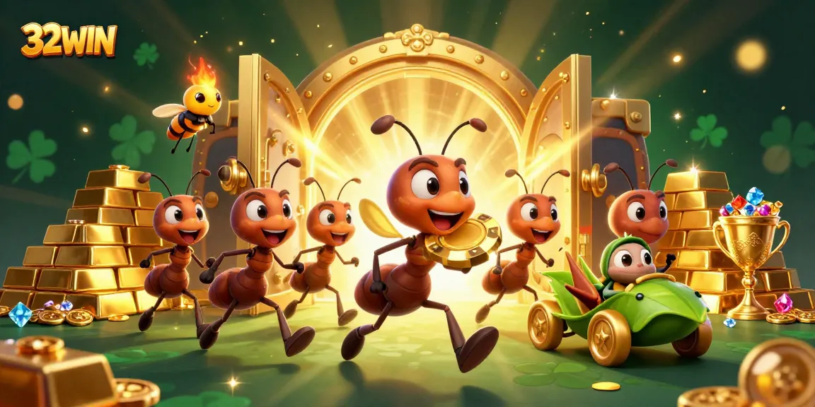 32WIN showcases cartoon ants on a heist with golden poker chip, exuding high-stakes excitement.