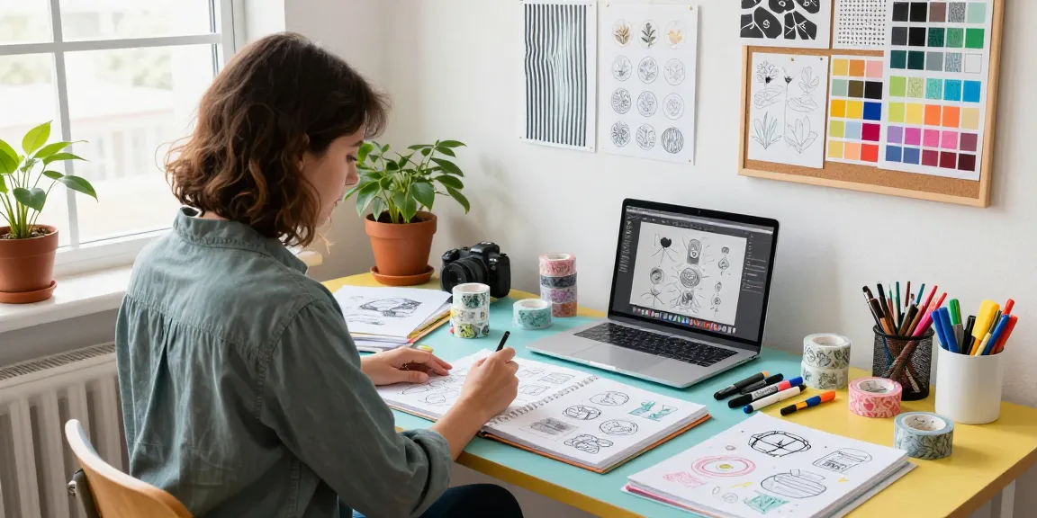 Custom washi tape designs showcased on a vibrant workspace with various creative tools, capturing a lively crafting atmosphere.