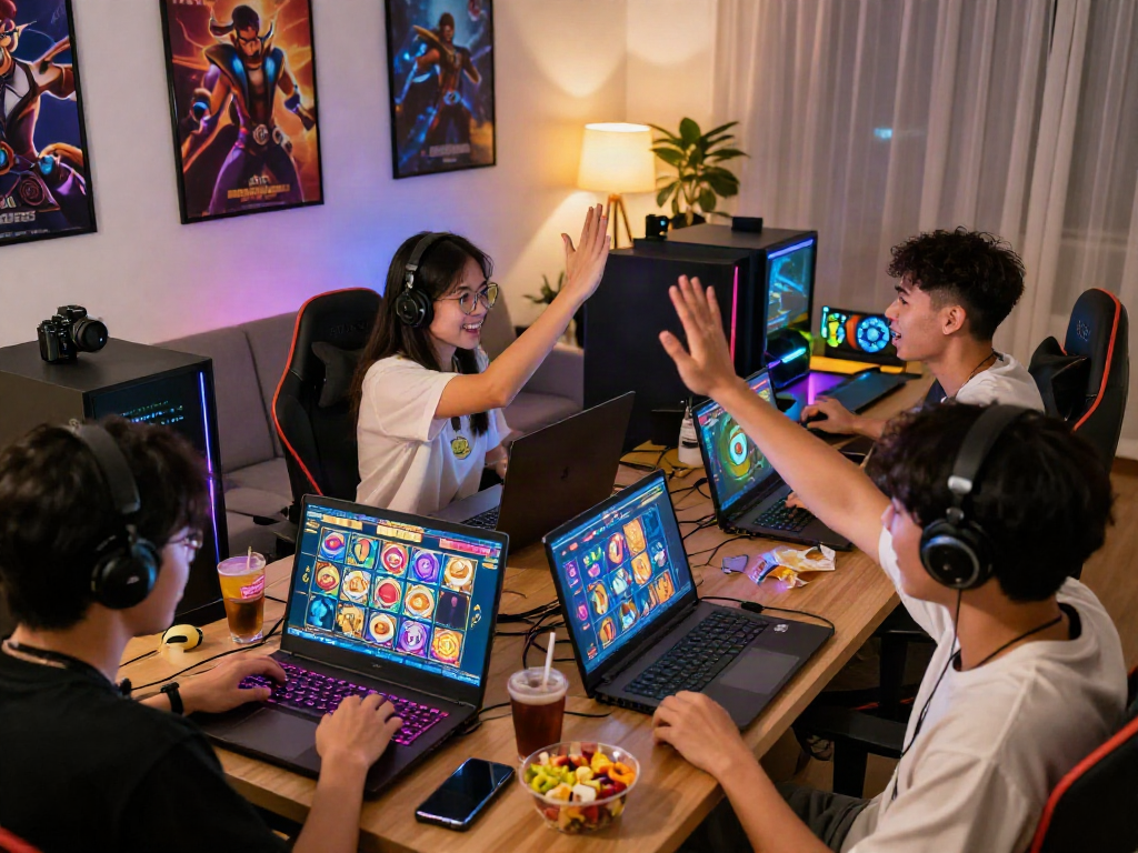 Enthusiastic gamers enjoying slot gacor games in a cozy setting with vibrant screens and snacks.