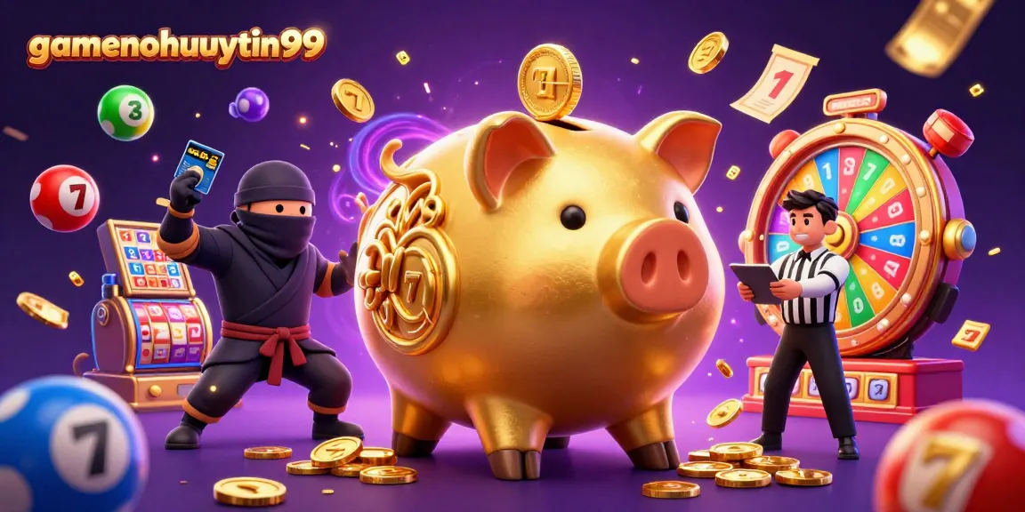 Engage in thrilling gameplay with gamenohuuytin99 featuring a golden piggy bank sumo wrestler amidst vibrant casino elements.