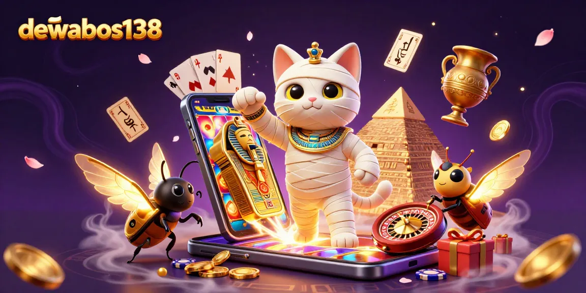 Experience winning gameplay with DEWABOS138 in an illustrated casino adventure with a mummy and treasures.