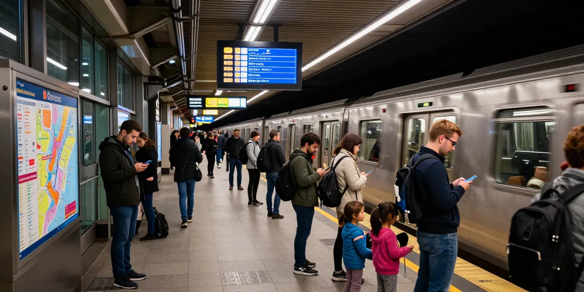 Commuters at an urban subway station checking line schedule updates as a train approaches.