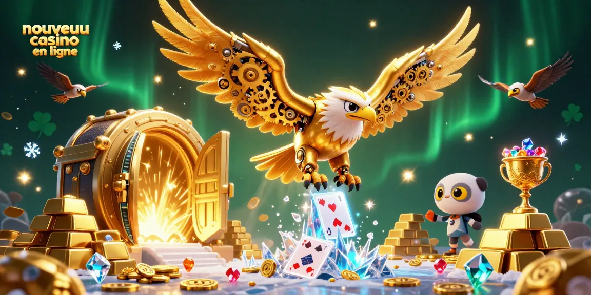Visualisez un nouveau casino en ligne avec un aigle cybernétique plongeant à travers des cartes de jeu holographiques et des trésors scintillants.