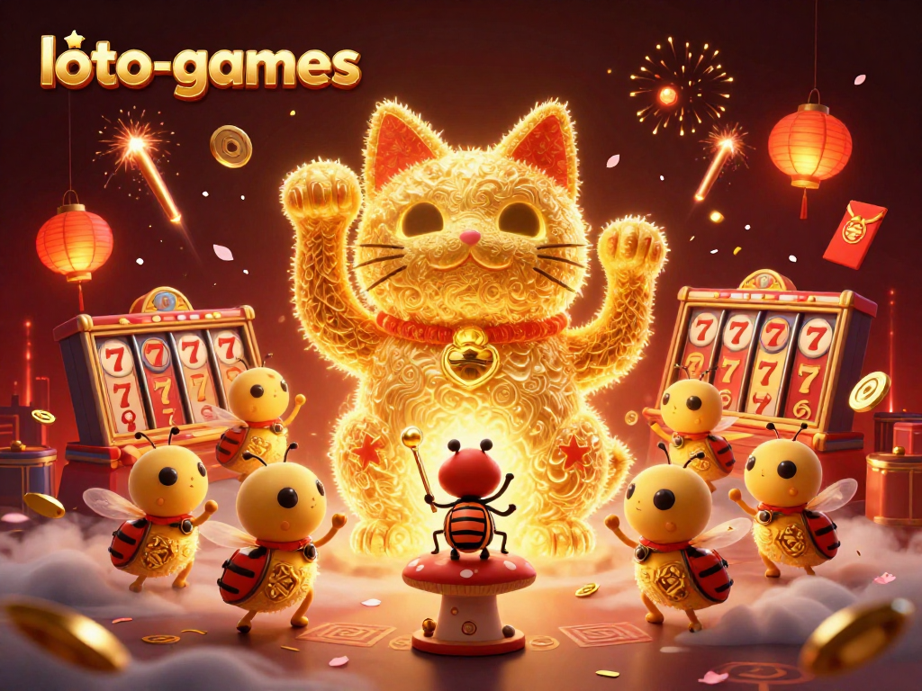 Engage with loto-games featuring a dynamic scene of a giant lucky cat and casino symbols.