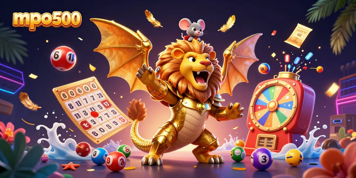 Experience fun with mpo500 as a chimera roars amidst colorful lottery balls and prizes.