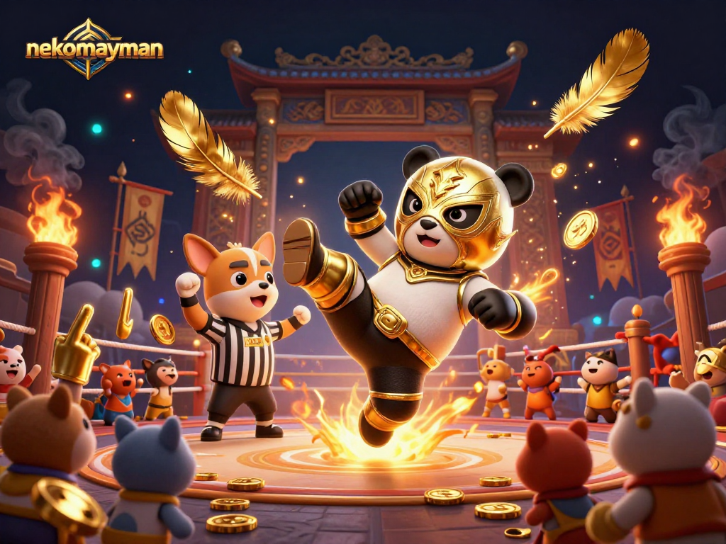 Neko May Man gameplay highlights with the panda wrestler and chihuahua referee in an exciting casino scene.
