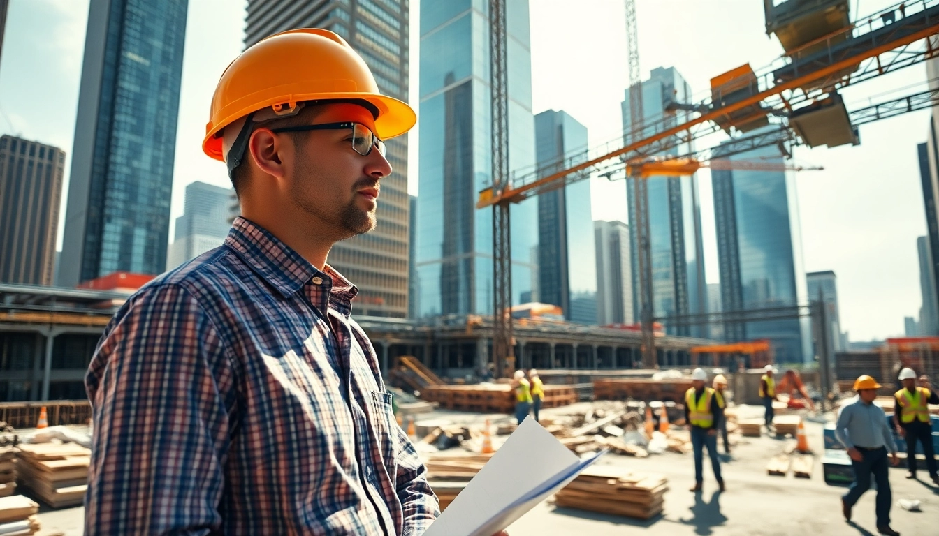 New York Construction Manager overseeing a bustling urban construction site with skyscrapers.