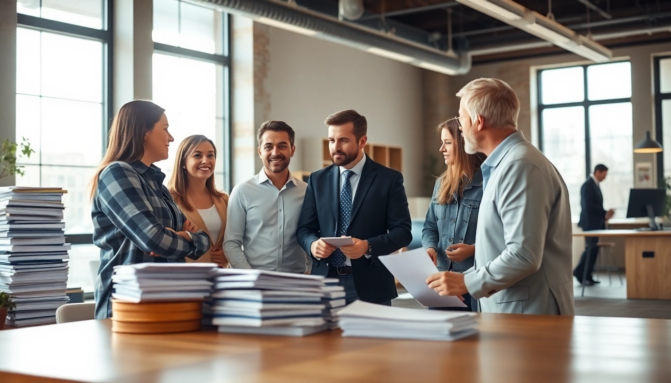 Engaged professionals reviewing Title Insurance Services in a modern office environment.
