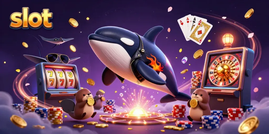 Slot mesin dengan ikan orca, sinar dan uang emas mengalir.