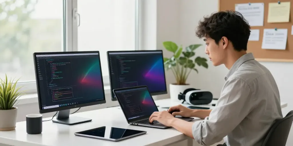 Young professional optimizing instant indexing techniques in a modern digital workspace.