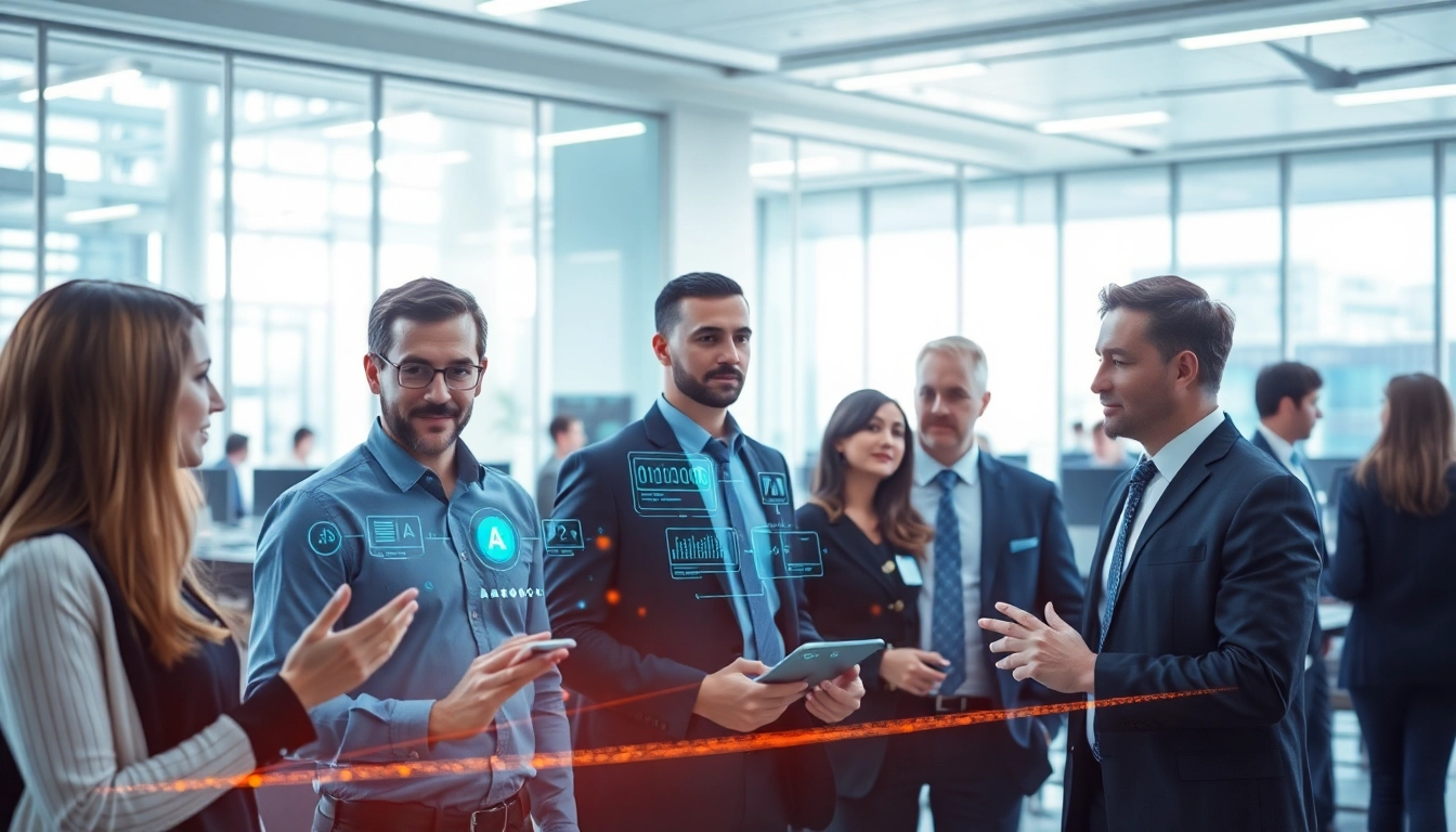 AI agents facilitating collaborative work among users in a high-tech environment.