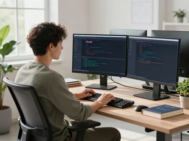 Developer working on v2rayN setup in a bright, modern office.