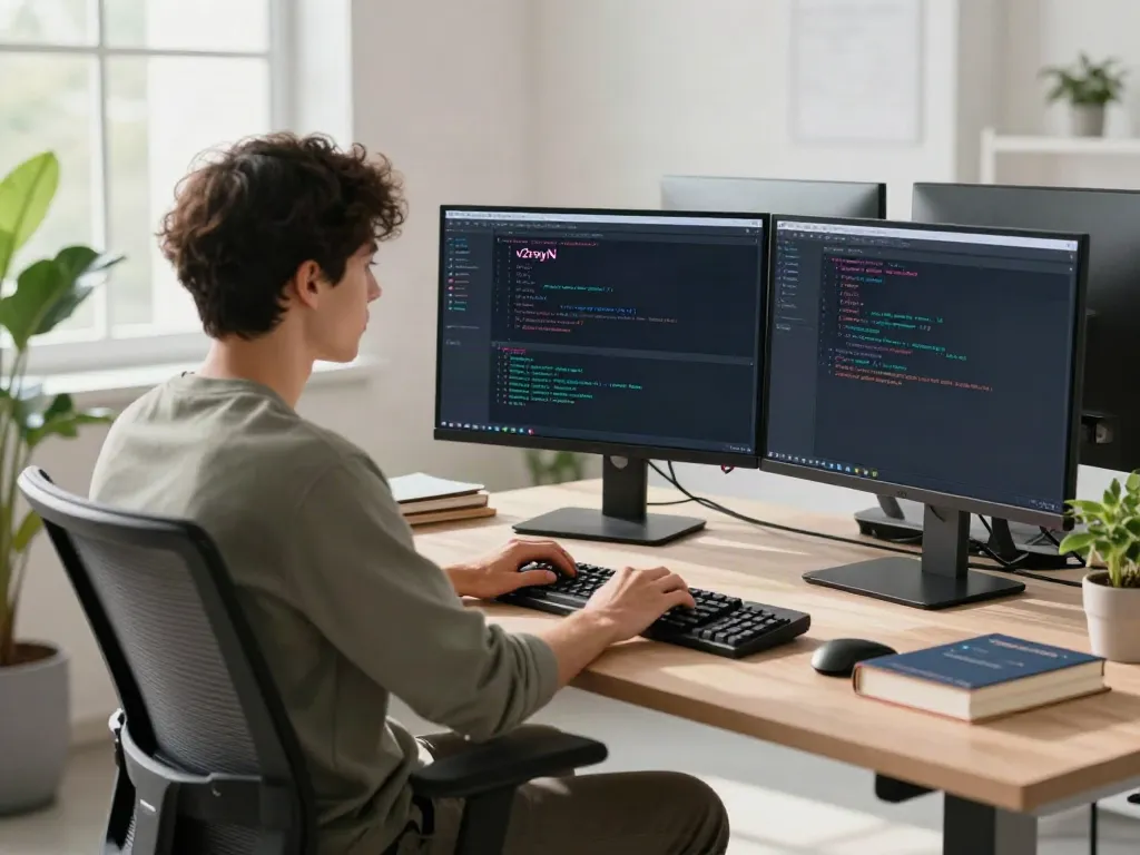 Developer working on v2rayN setup in a bright, modern office.