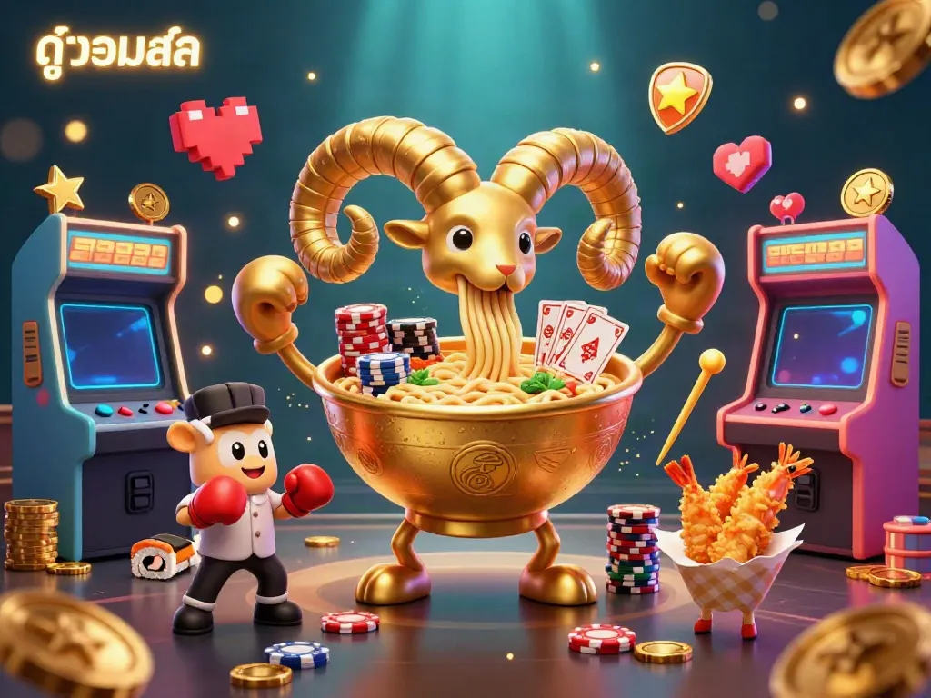 Experience thrilling ดูบอลสด action with our vibrant 3D illustration featuring a golden ramen bowl and sushi dealer in a casino setting.