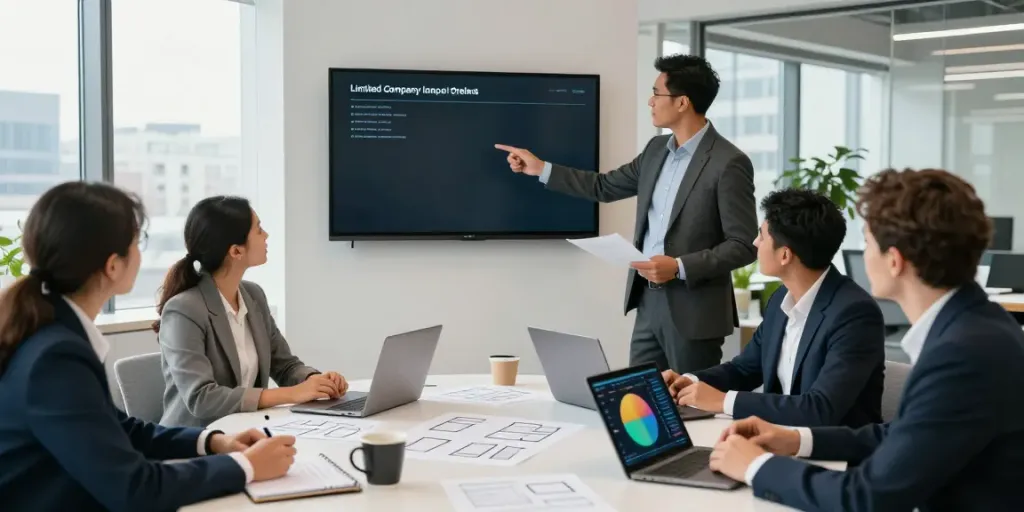 Professionals discussing how to set up a limited company in Ireland during a meeting in a modern office.