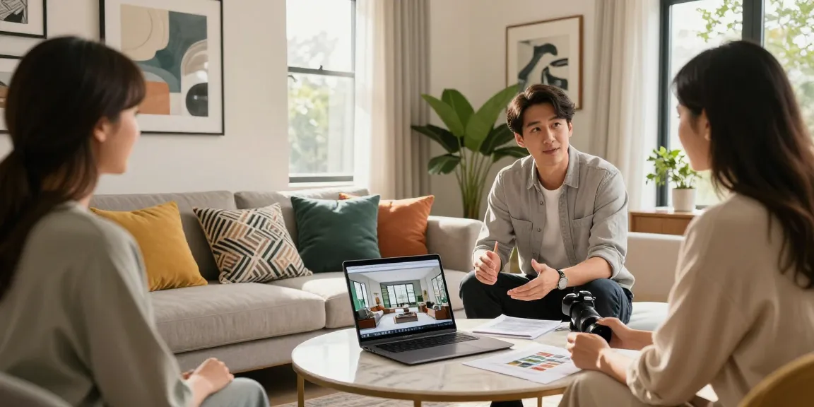 Transformasi ruang tamu oleh Decor Serene di GOKIL33 menunjukkan pelayanan konsultasi desain interior profesional melalui laptop dan diskusi dengan pelanggan.