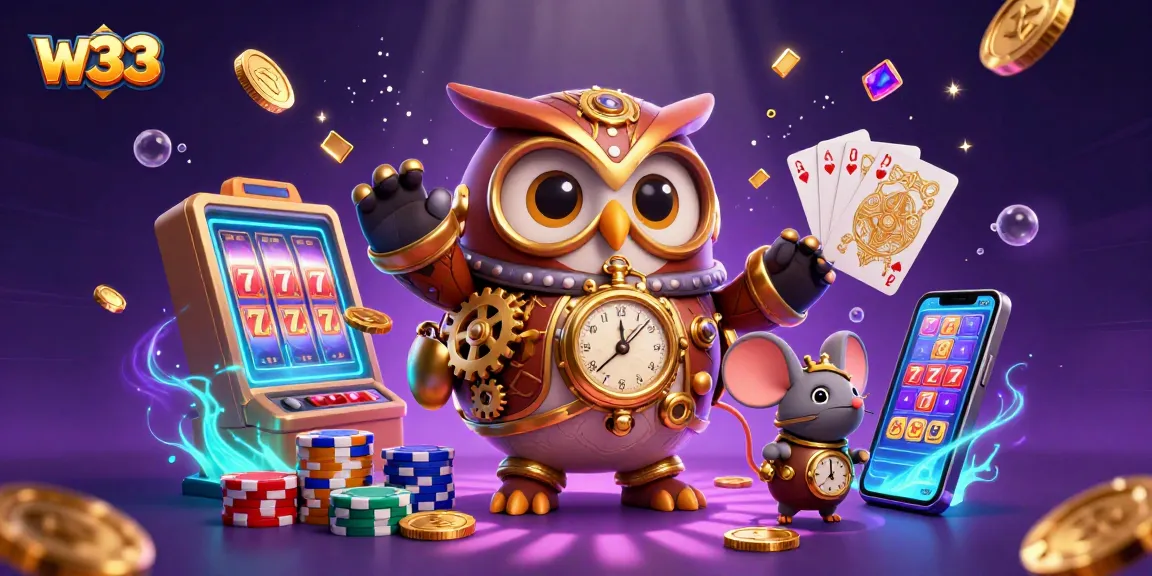 Play w33 pokies amidst vibrant animations and futuristic casino elements in this 3D illustration