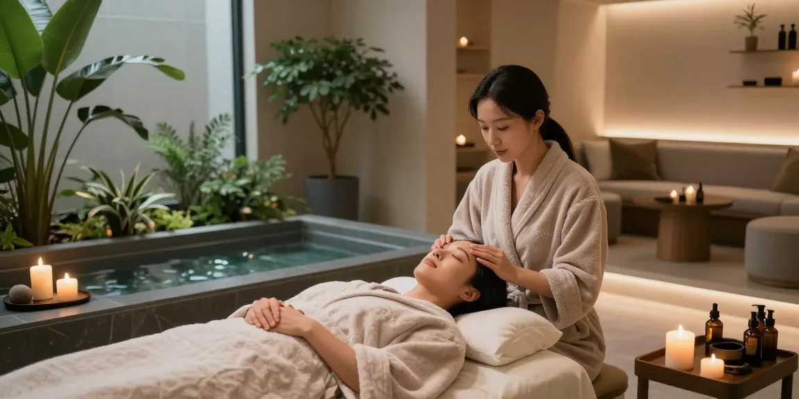 강남 세이렌 스파에서 편안한 여성의 얼굴 마사지 모습, 아로마 테라피와 조명과 함께하는 평화로운 휴식 공간.