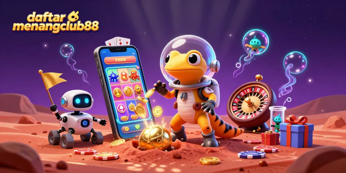 Experience the thrill of daftar menangclub88 with an adventurous Martian gecko discovering a golden casino in space.