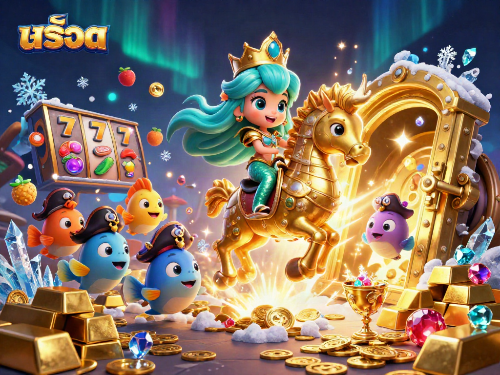Experience สล็อต action with a mermaid princess, seahorse, and treasure in vibrant casino illustration.