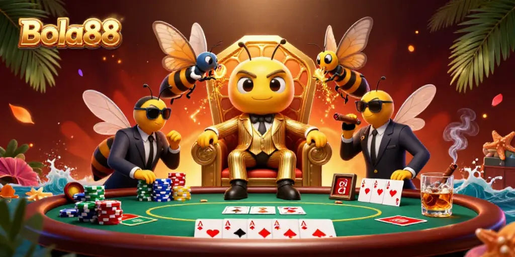 Bola88-themed cartoon scene showcasing a bumblebee mob boss with poker chips, cards, and vibrant casino elements.