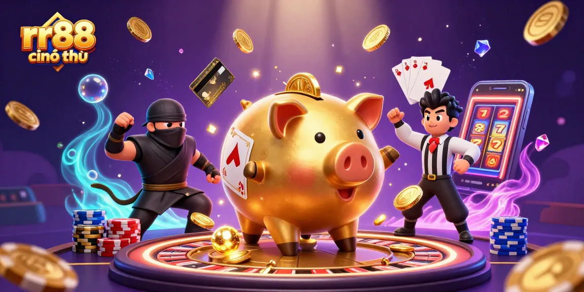 Experience the excitement of rr88 chính thức with a vibrant casino scene featuring playful 3D characters and dynamic elements.