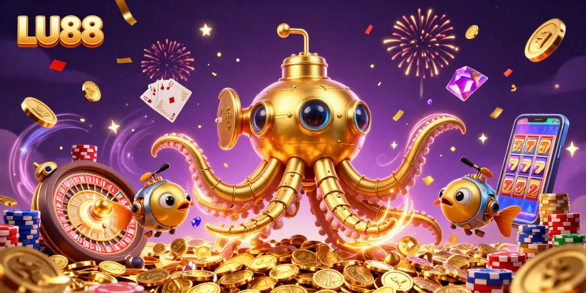 LU88's engaging illustration showcases a vibrant casino scene featuring a golden kraken submarine and dynamic game elements.