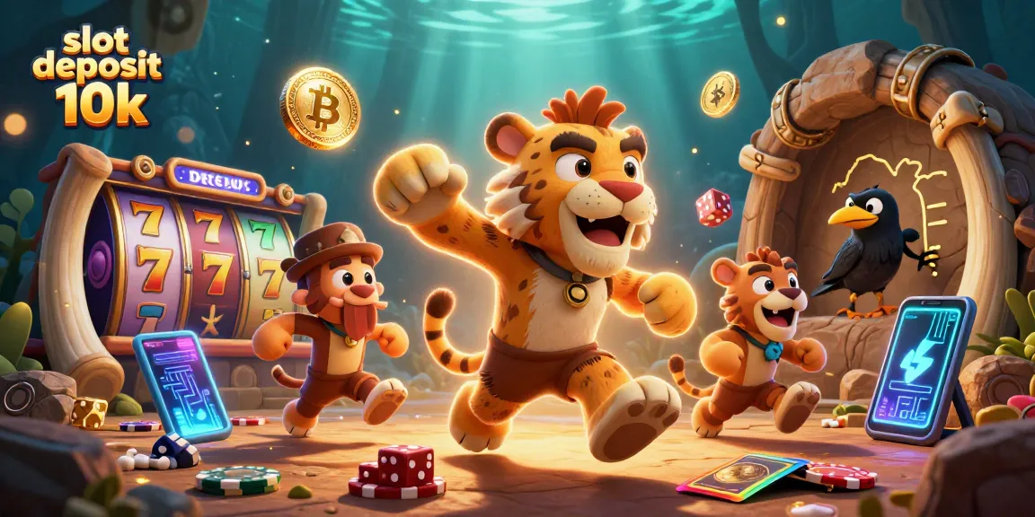 Engage with thrilling slot deposit 10k gameplay featuring dynamic casino characters amidst glowing crypto coins.
