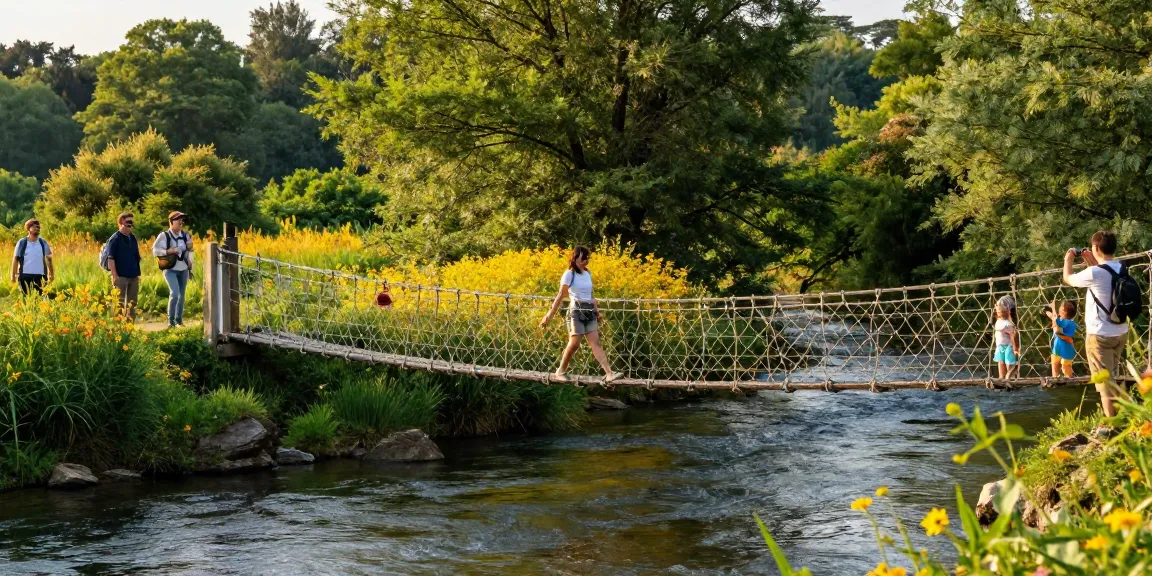 Crossing a River Rope Bridge in a lush landscape during golden hour.