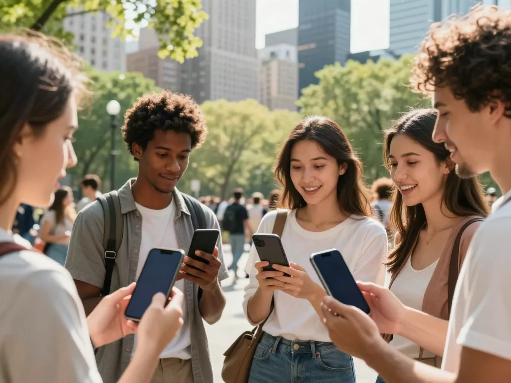 People exploring alternatives to QOVES with facial analysis apps in an urban park setting.