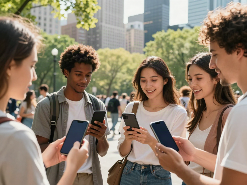People exploring alternatives to QOVES with facial analysis apps in an urban park setting.