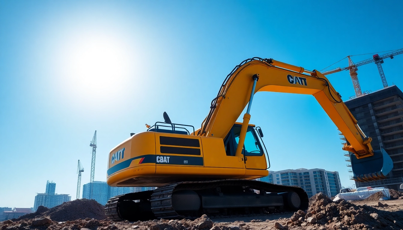 Excavator digging on a bustling construction site with skyscrapers in the background.