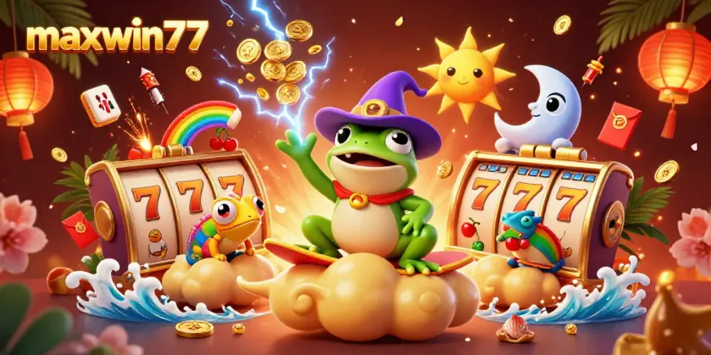 Experience the excitement of maxwin77 with a magical casino scene full of vibrant characters and golden treasures.