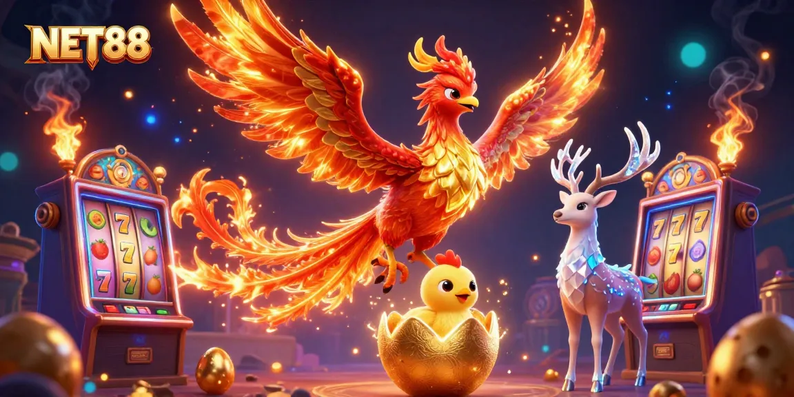 NET88 showcases unique 3D casino-themed artwork with phoenix and mystical stag elements.