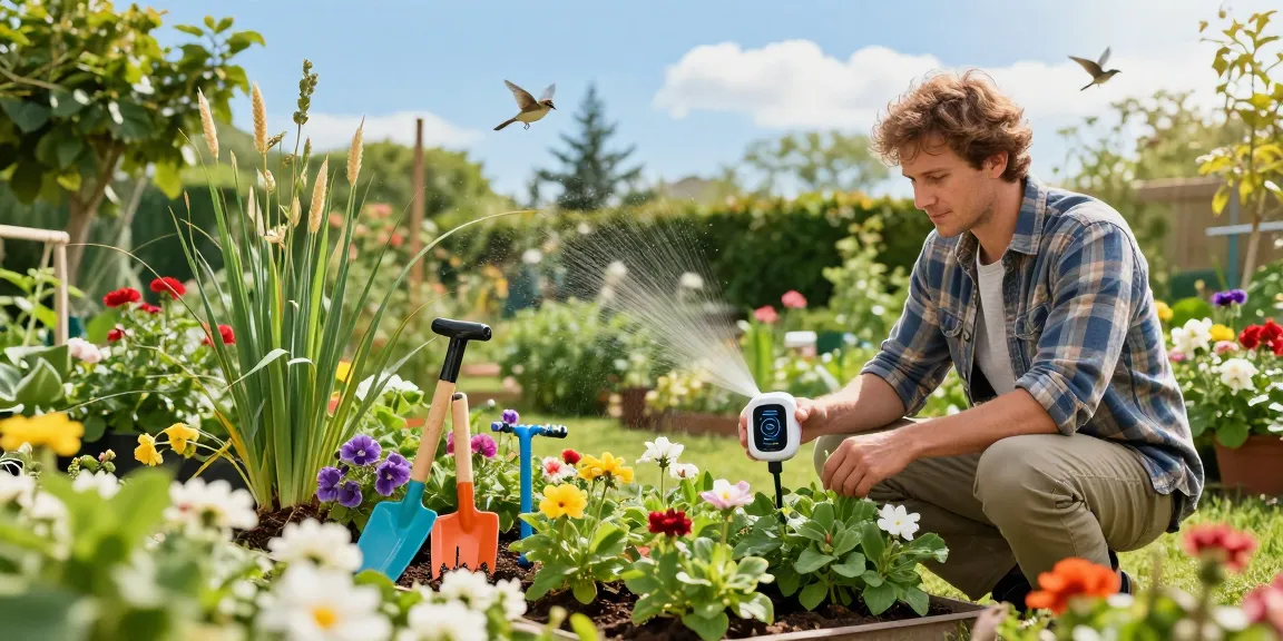Gardener installing a rainpoint wifi water timer in a vibrant garden filled with colorful flowers.