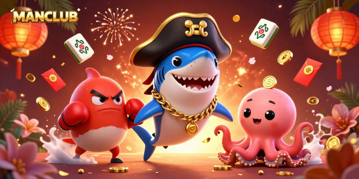 Win big with MANCLUB's adventurous gaming experience featuring a pirate shark, pufferfish, and octopus.