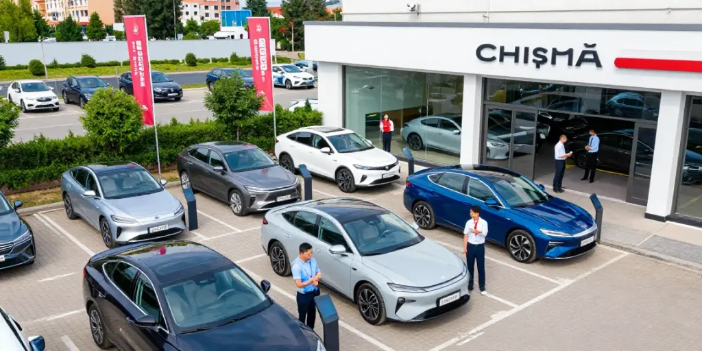 Colorful parcare auto in Chișinău with diverse vehicles for sale and engaged customers.