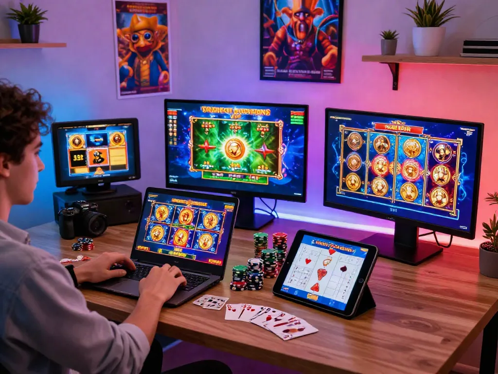 Engaged player exploring diverse slot games on laptop and tablet in a colorful online gaming setup
