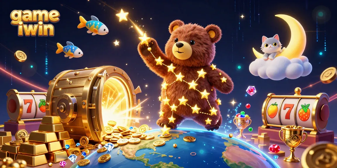Engage with the game iwin featuring a bear constellation collecting coins in a vibrant casino scene.