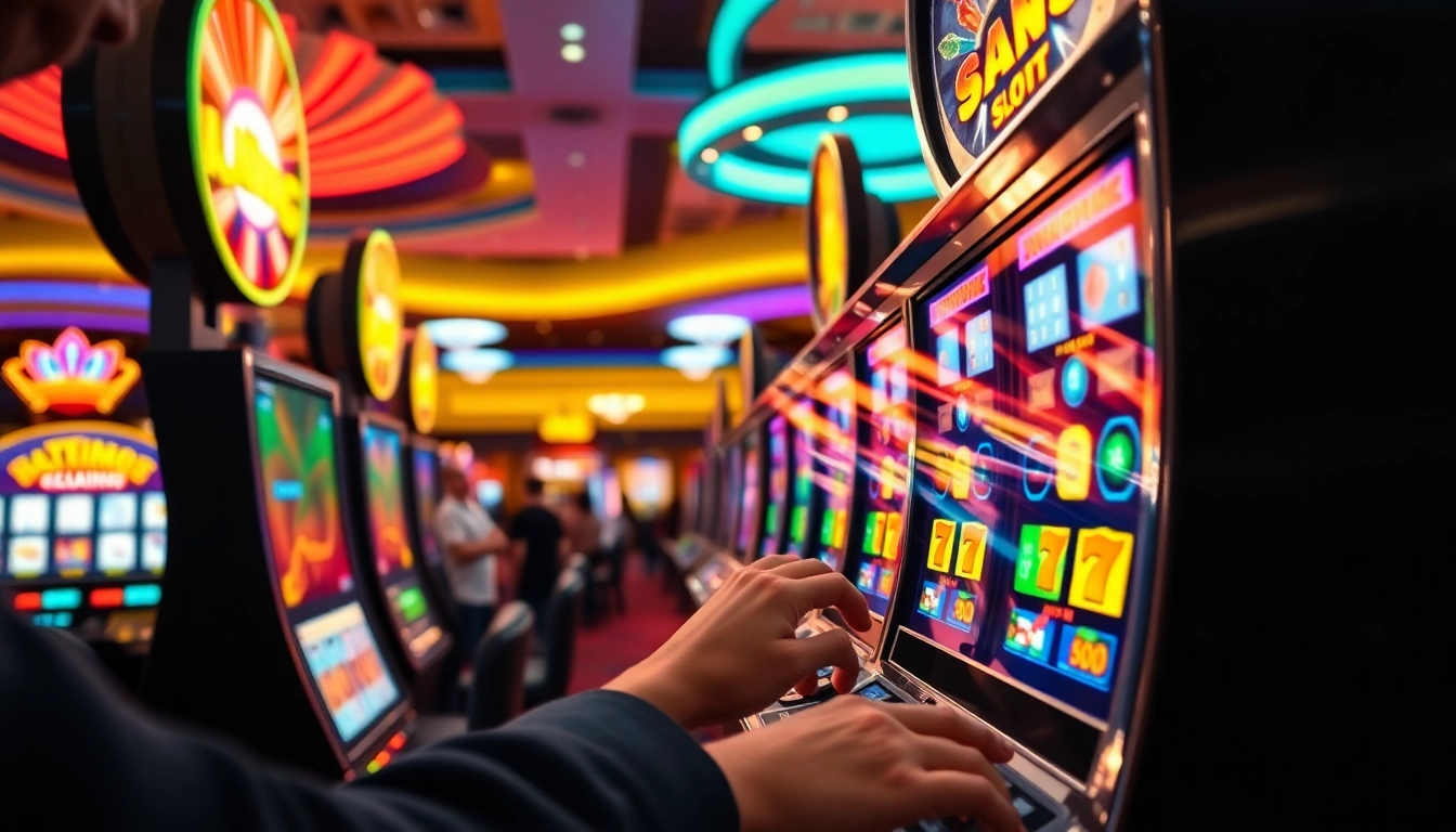 Engaging scene of slot gambling with colorful machines and excited players in a vibrant casino setting.